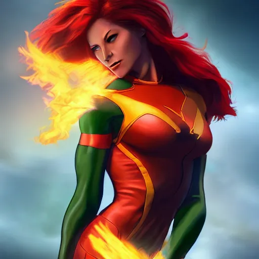 Prompt: jean grey, a full body portrait of jean grey, green eyes, red hair, phoenix rising, flames, flying, comic, x - men, highly detailed, artstation, deviantart, symetry, digital painting, vivid colors, realistic shaded perfect face, volumetric lighting, atmospheric, sharp focus, moody, in the style of alex ross, 8 k