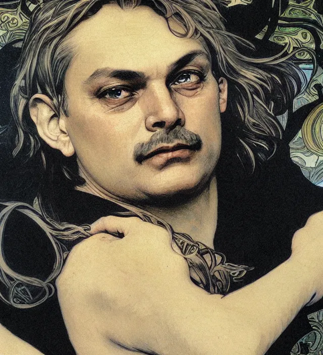 Image similar to detailed closeup portrait of viktor orban by alphonse mucha, ayami kojima, yoshitaka amano