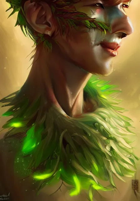 Image similar to A realistic anime portrait of a handsome dryad clown with glowing green eyes and tree bark skin wearing clothes made of leaves, digital painting, by Stanley Artgerm Lau, Sakimichan, WLOP and Rossdraws, digtial painting, trending on ArtStation, SFW version