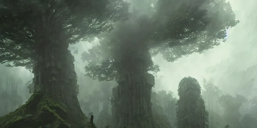 Prompt: An colossus towers above a forest canopy, stormy sky, lightning, digital art by Greg Rutkowski and Studio Ghibli, Shadow of the Colossus