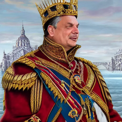 Prompt: an extremely realistic portrait depicting the coronation of viktor orban dressed in royal national costume, on the frozen danube, detailed, intricate, elegant, fat, highly detailed, digital painting, artstation, concept art, smooth, sharp focus, illustration,