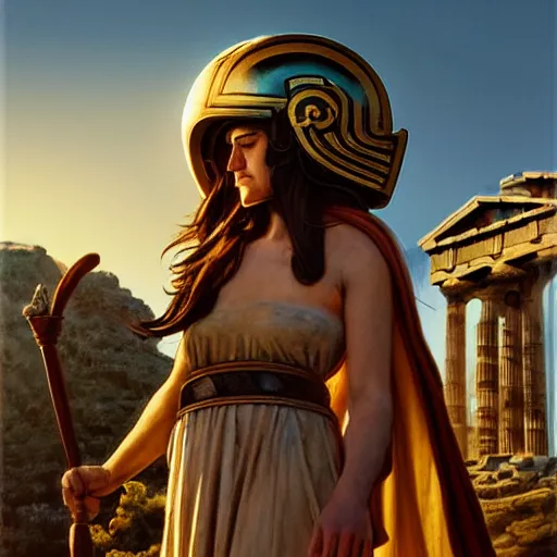 Image similar to greek ancient woman in Athena's helmet standing on a giant greek ancient bearded man head, late afternoon light, greek temple of olympus glory island, wispy clouds in a blue sky, by frank lloyd wright and greg rutkowski and ruan jia