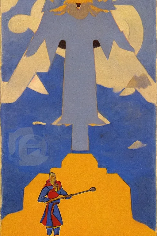 Image similar to thor with hammer, marvel, artwork by nicholas roerich,