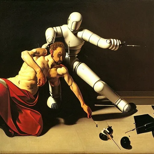 Prompt: a painter fighting a robot, oil painting by caravaggio, composition