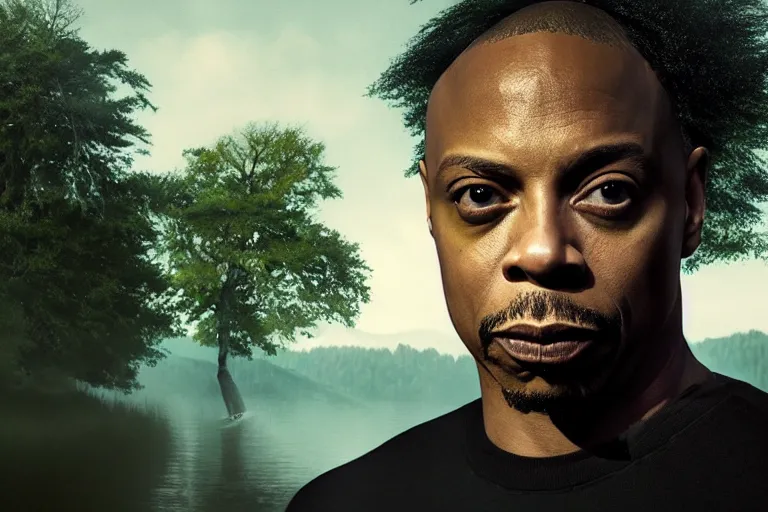 Image similar to an ultra realistic, cinematic headshot portrait, of dave chapelle, background of a vast serene landscape, with trees and rivers, detailed, deep focus, movie still, dramatic lighting, ray tracing, by michal karcz and yoshitaka amano