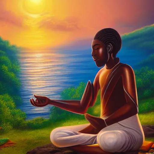 Image similar to contented peaceful haitian!! bodhisattva, praying meditating, in a scenic environment, detailed, golden hour, realism, artstation trending, digital art, 4 k uhd
