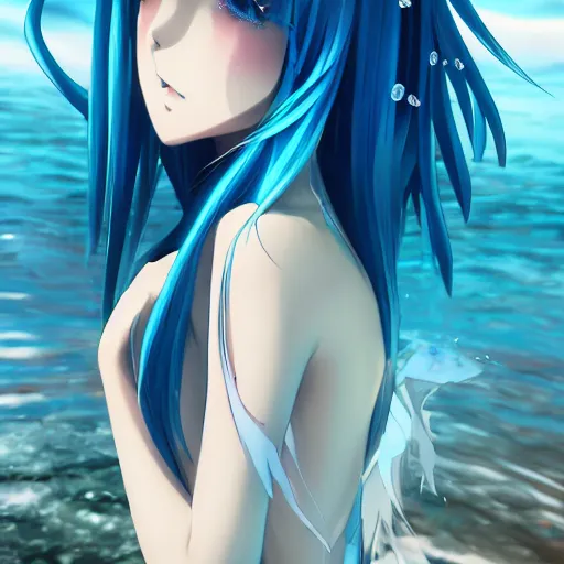 Image similar to a very beautiful anime girl wearing a dress made of water standing in a reflective crystal lake , full body, long azure blue hair, azure blue watery eyes, full round face, seductive over the shoulder stare, cinematic lighting, full body shot, highly realistically detailed, trending on artstation, Unreal Engine 4k, Stanley Artgerm Lau, WLOP, Rossdraws, James Jean, Andrei Riabovitchev, Marc Simonetti, and Sakimichan