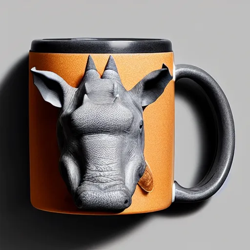 Image similar to a mug with shape of a rhino head, high quality product photography, behance