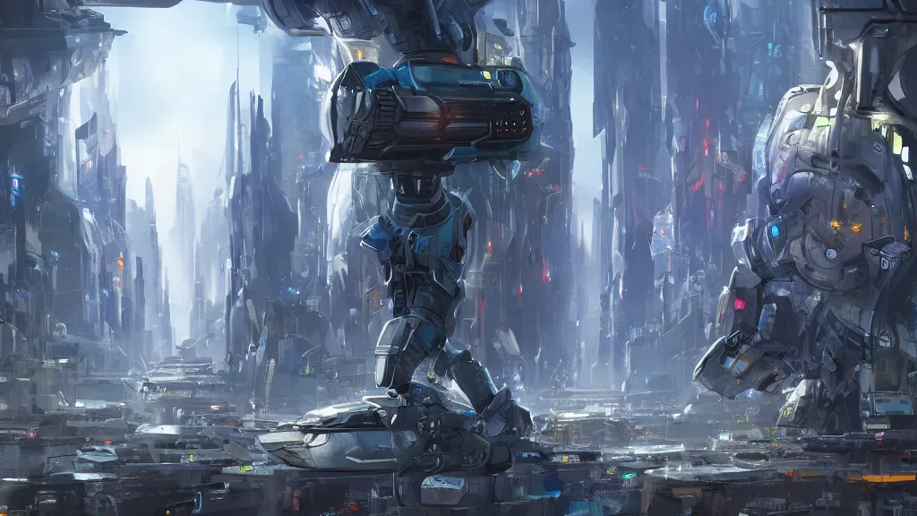 Prompt: Amazing digital concept art of a guardian robot in a futuristic metropolis by James Clyne and Joseph Cross. Cinematic, video game concept art. Wide angle.