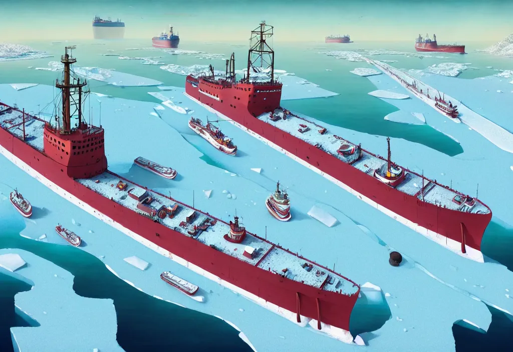 Prompt: one enormous gigantic steel shipshaped fortresscity icebreaker sailing across an icy cold ocean. masterpiece, cinematic, photorealistic, hyperrealism, octane render, depth of field, bokeh, architecture, aerial view, unsaturated colors, art by simon stalenhag, geof darrow