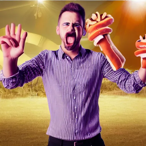 Image similar to man with morphing hot dog hands hyper realistic 4k with red eyes