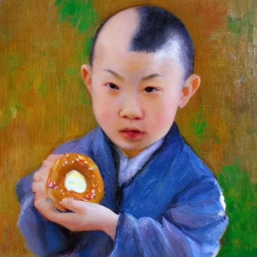 Image similar to bald chinese boy holding a donut, impressionist painting art