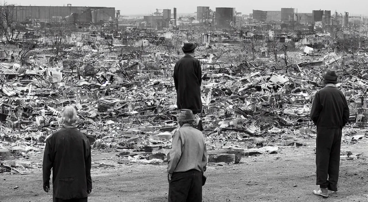 Prompt: a sad old man looks on as in the distance a factory he used to work in is destroyed