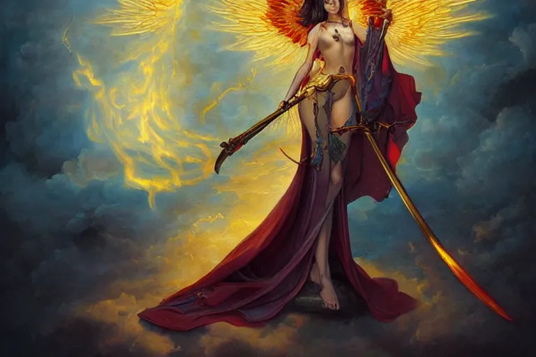 Image similar to glorious beautiful painting of Japanese female angel with flaming sword and golden wings, heavenly background and heavenly light, feminine figure, by Peter mohrbacher, Neo-Gothic, gothic, Art Nouveau, rich deep moody colors