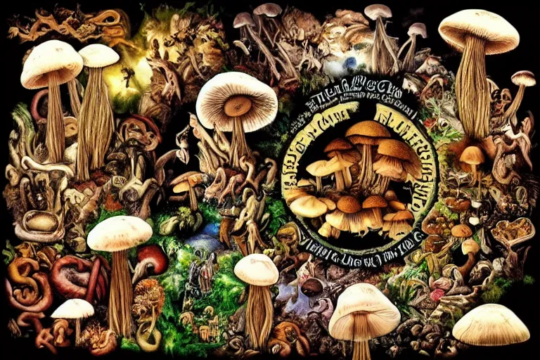 Image similar to the cycle of life shown through mushrooms, birth life aging death, love hate god devil, heaven hell,