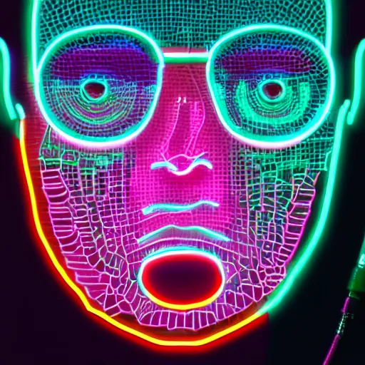 Prompt: reflexion neon cyberpunk voronoi depth fog wires connexion, a face of a virtual cyborg