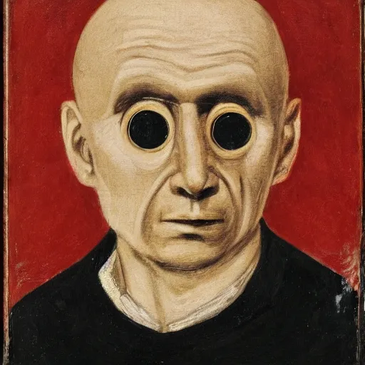 Image similar to portrait of alexander abdulov, with a red eyes, satanic body, head of old man