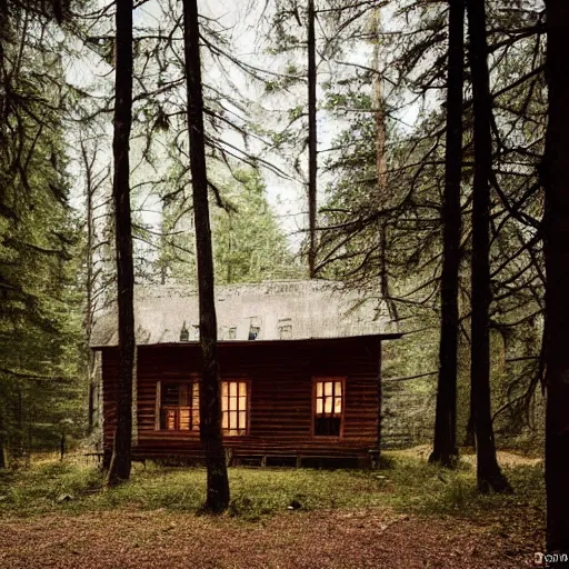 Prompt: a photo of a Eerie cabin in the middle of the woods in the style of Yohji Yamamoto