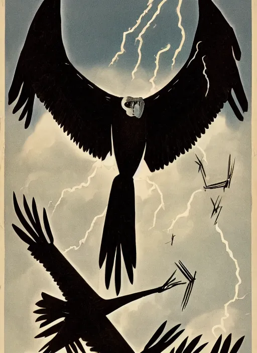 Prompt: balck Vulture with one lightning bolts in 1940s propaganda poster