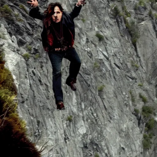 Image similar to johnny depp falling down a cliff with the camera pointing downwards at his face as you can see him scream while falling down the cliff, realistic, movie scene, dramatic, hdr, clear image,