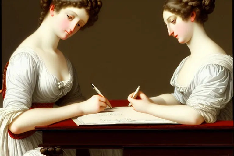 Image similar to 1 8 1 0 s lady writing at her desk by vittorio reggianini, georgian, dress, directoire style, regency, empire silhouette, bright lighting, perfectly detailed eyes, beautiful hands, pale skin, clear face