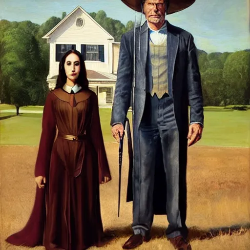 Prompt: gal gadot and harrison ford as the couple in the painting american gothic 4 k photorealism hd