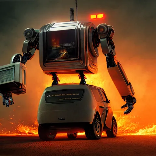 Image similar to terminator toaster oven robot, mechanical, machine, octane render, concept art, sharp focus, hyper - realistic, intricate, detailed, eduard pronin, luka mivsek, ruan jia, orange tint