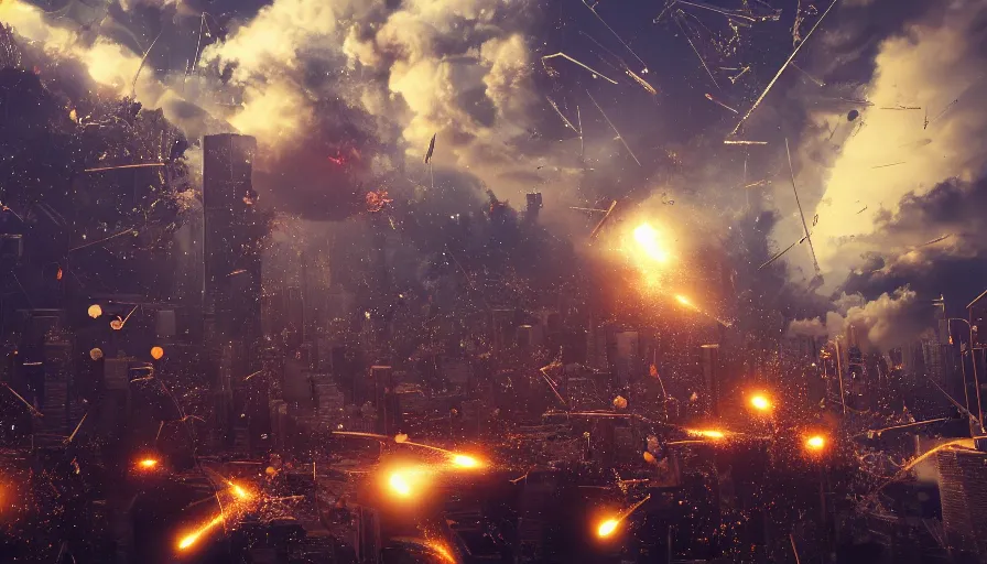 Image similar to metallic spheres falling from the sky and destroying chicago, explosion, destruction, fire, hyperdetailed, artstation, cgsociety, 8 k