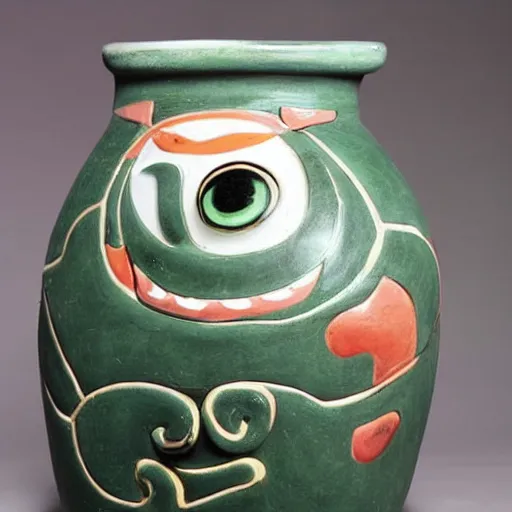 Image similar to vase work, Ancient vase art of mike wazowski in art style of chinese art, fragmented clay firing chinese vase with an mike wazowski in the style of ancient chinese art, ancient chinese art!!!!! chinese art