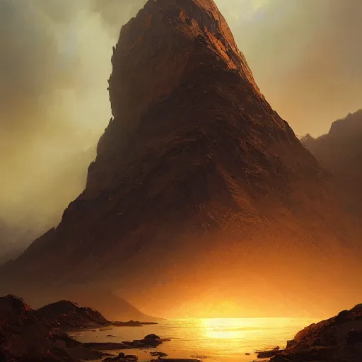 Image similar to a vast, black, rocky, desolate mountain range, mysterious atmospheric lighting, painted, intricate, volumetric lighting, rich deep colours masterpiece, golden hour, sharp focus, ultra detailed, by ruan jia and greg rutkowski