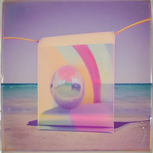 Image similar to a pastel colour high fidelity Polaroid art photo from a holiday album at a seaside with abstract inflatable parachute furniture, all objects made of transparent iridescent Perspex and metallic silver, no people, iridescence, nostalgic