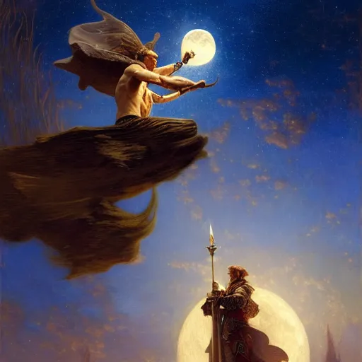 Image similar to attractive male wizard magically floating and flying high in the night sky, fantasy, full moon in background. highly detailed painting by gaston bussiere, craig mullins, j. c. leyendecker, mid shot, 8 k