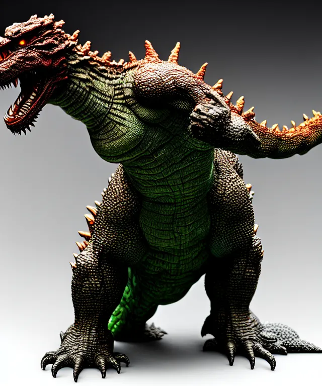 Prompt: hyperrealistic rendering, godzilla by art of skinner and richard corben and jeff easley, product photography, action figure, sofubi, studio lighting, colored gels