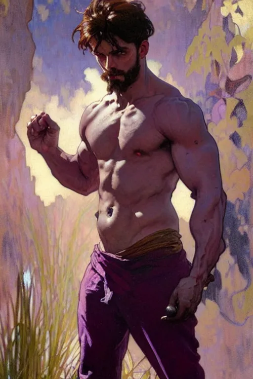 Image similar to A man wearing purple clothes, muscular, fantasy, painting by greg rutkowski and alphonse mucha