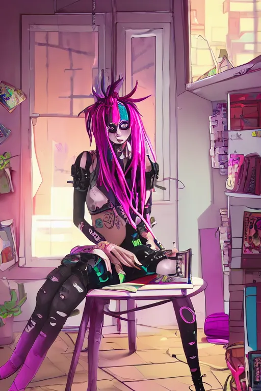 Prompt: concept art painting of an anime cybergoth girl with pink dreads on the floor reading a book in a cluttered 9 0 s bedroom, toon shading, cel shading, trending on artstation, fantasy concept art, stunning visuals, creative, cinematic, vaporwave colors, rendered by substance designer, lifelike,