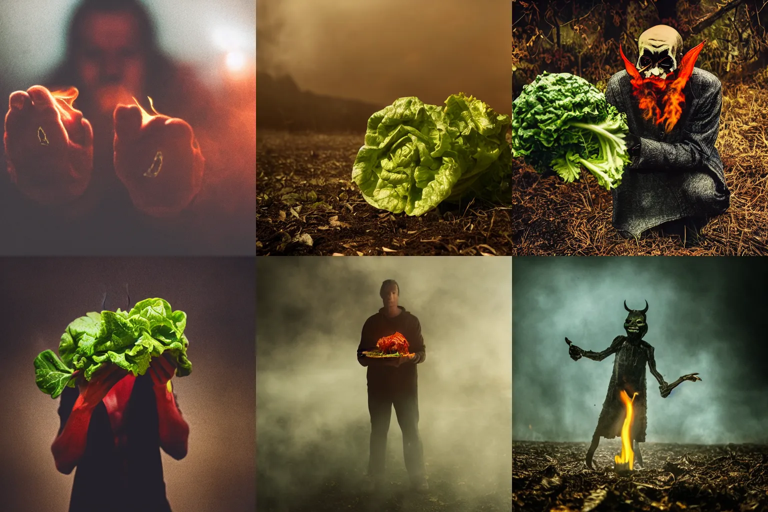 Prompt: Satan offering you the devil\'s lettuce, moody lighting, creepy, smoke in the air, dark shadows, fiery, ominous, 4k, DSLR photo