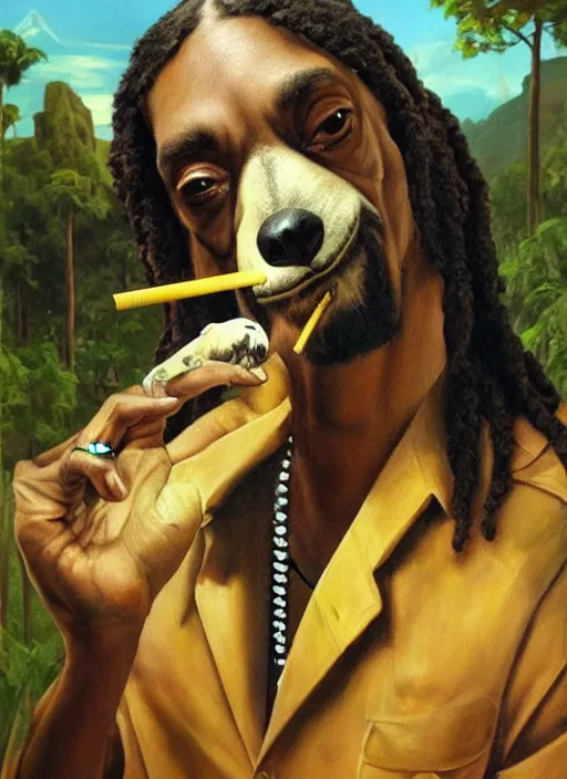 Image similar to ultra realistic portrait painting of snoop dogg as a sloth smoking a lit joint, art by frank frazetta, 4 k, ultra realistic, highly detailed, epic lighting