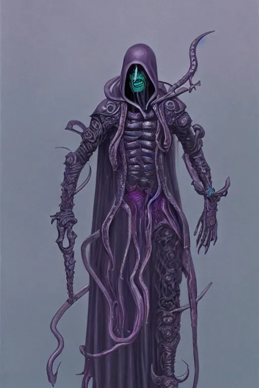 Image similar to full body photo of a cenobite lich illithid drow dark elf sorceror necromancer leather by wayne barlowe