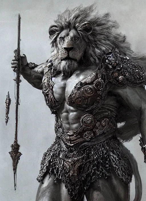 Image similar to hercules in lion ornamented armor, wearing cape, beksinski, hercules concept art, weta workshop concept art