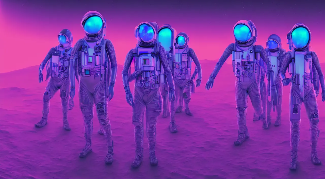 Image similar to hyper detailed neo-surreal neon purple and blue propaganda poster of mars workers from the 2050s cinematic lighting 8k wide angle shallow depth of field