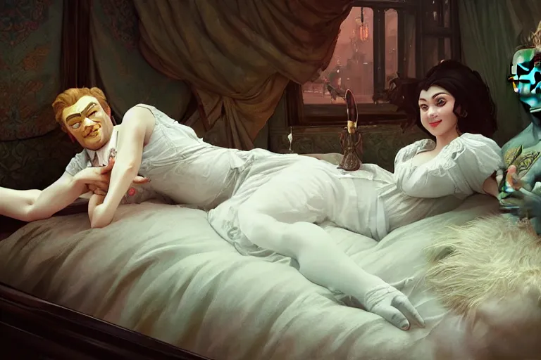 Image similar to russian poet alexander pushkin and shrek together in bed, portrait, highly detailed, digital painting, artstation, concept art, smooth, sharp focus, illustration, cinematic lighting, art by artgerm and greg rutkowski and alphonse mucha