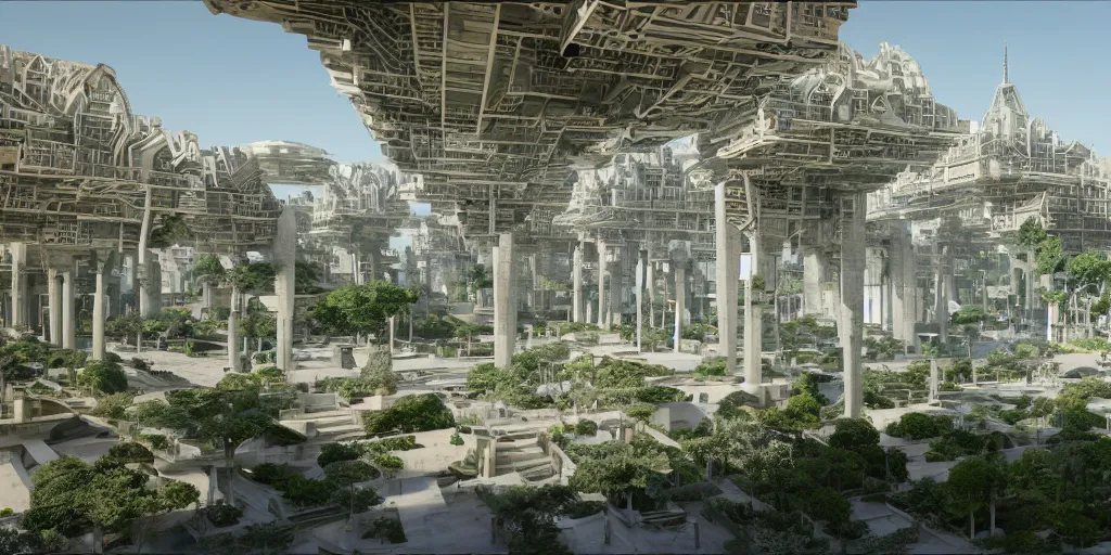 Prompt: geometrically symmetrical hanging garden based on the design of versailles in a futuristic megacity made of travertine brutalist aztec temples, sci-fi, blue sky, optimistic matte painting, concept art, style by syd mead, 8k, octane render