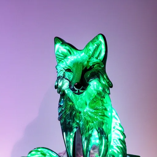 Prompt: Portrait photography of a glowing Emerald fox sculpture