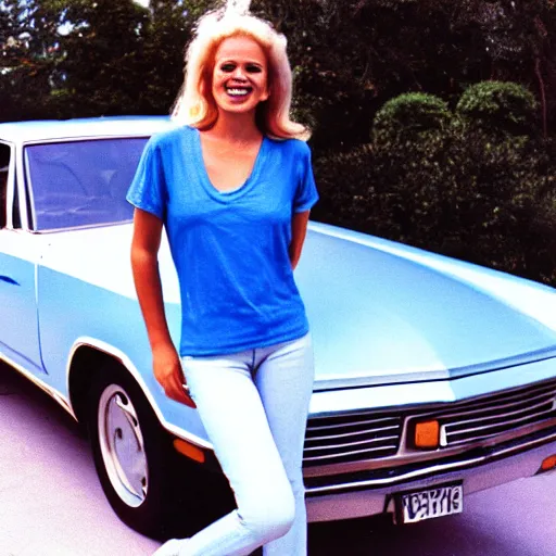 Prompt: a blonde woman smiling next to a vintage car waring a white t shirt and blue jeans, analog photo, 7 0 s, nostalgic