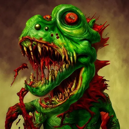 Prompt: zombie yoshi, gritty, veins, blood, bone, horror oil painting masterpiece, very detailed, intricate, trending on artstation