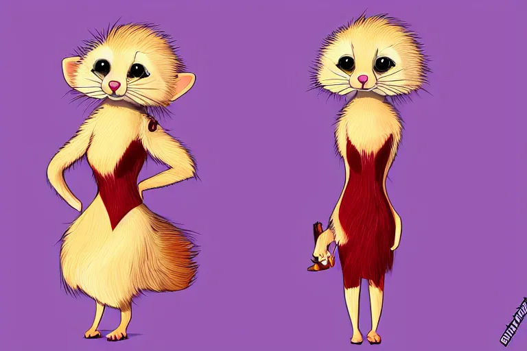 Prompt: detailed illustration : ferret character : wearing a stravagant fur dress : wearing diamonds stiletto : head torso legs : behance artstation : lorax movie