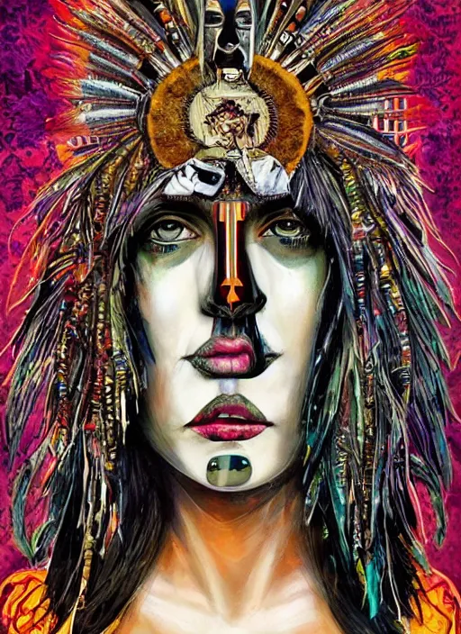 Prompt: tripping cult magic psychic woman, subjective consciousness psychedelic, epic occult ritual symbolism story iconic, dark witch headdress, oil painting, robe, symmetrical face, greek dark myth, by Sandra Chevrier, masterpiece