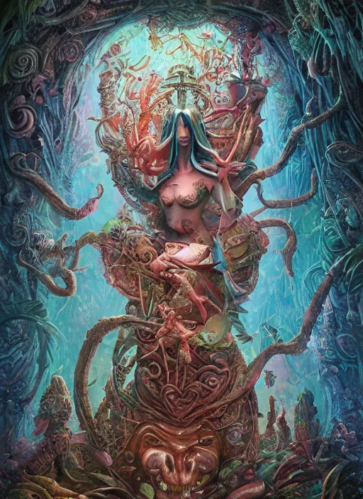 Image similar to alice in wonderland, polynesian god, alien, highly detailed, cinematic, 8 k, by megan duncanson, benjamin lacombe, adrian borda, stanley artgermm, tom bagshaw, craig mullins, carne griffiths, ayami kojima, beksinski, giger, trending on deviantart, hyper detailed, horror, full of colour