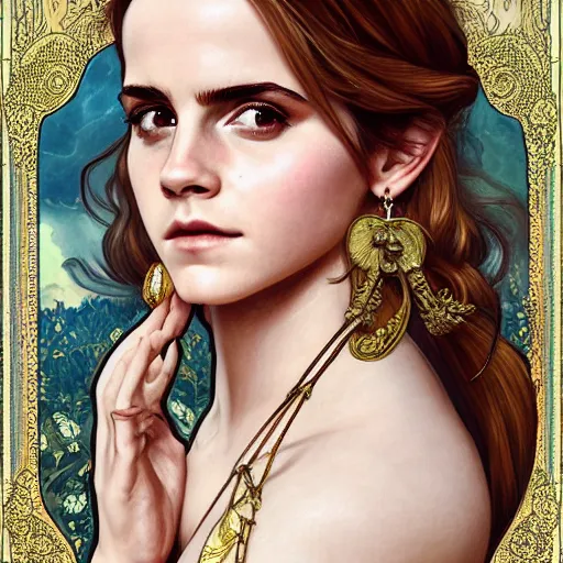 Image similar to Emma Watson as a Greek Goddess, cute, fantasy, intricate, elegant, highly detailed, digital painting, 4k, HDR, concept art, smooth, sharp focus, illustration, art by artgerm and H R Giger and alphonse mucha