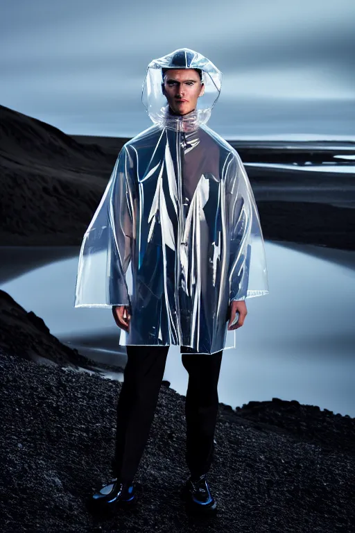 Image similar to an ultra high definition professional high fashion portrait studio full length photograph of a male model wearing a transparent pearlescent raincoat and neon visor in an icelandic black rock environment at dawn. no artefacts. extremely detailed. stark. refraction. shallow depth of field. volumetric light and shadow. ray tracing. light rays.